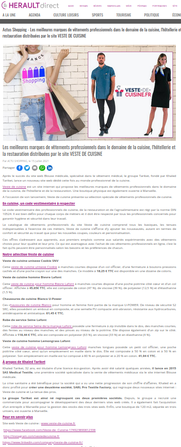 Hérault Tribune parle de Veste De Cuisine